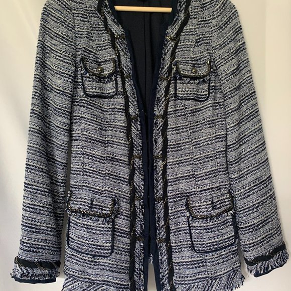 WHBM Blue Tweed Fringe Chain Embellished Blazer Jacket - Picture 8 of 8
